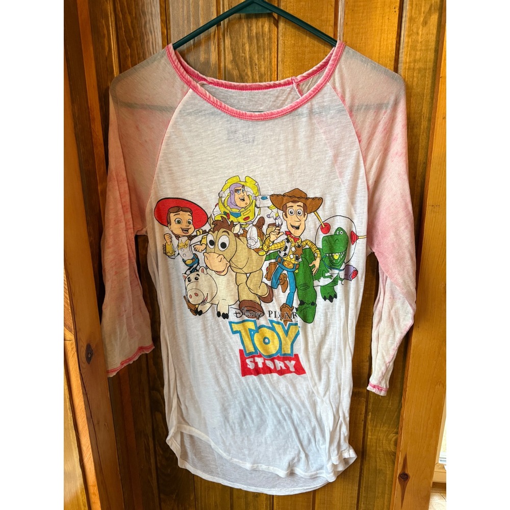 Disney Pixar‎ Toy Story Raglan Graphic Tee Pink White 3/4 Sleeve Women Medium